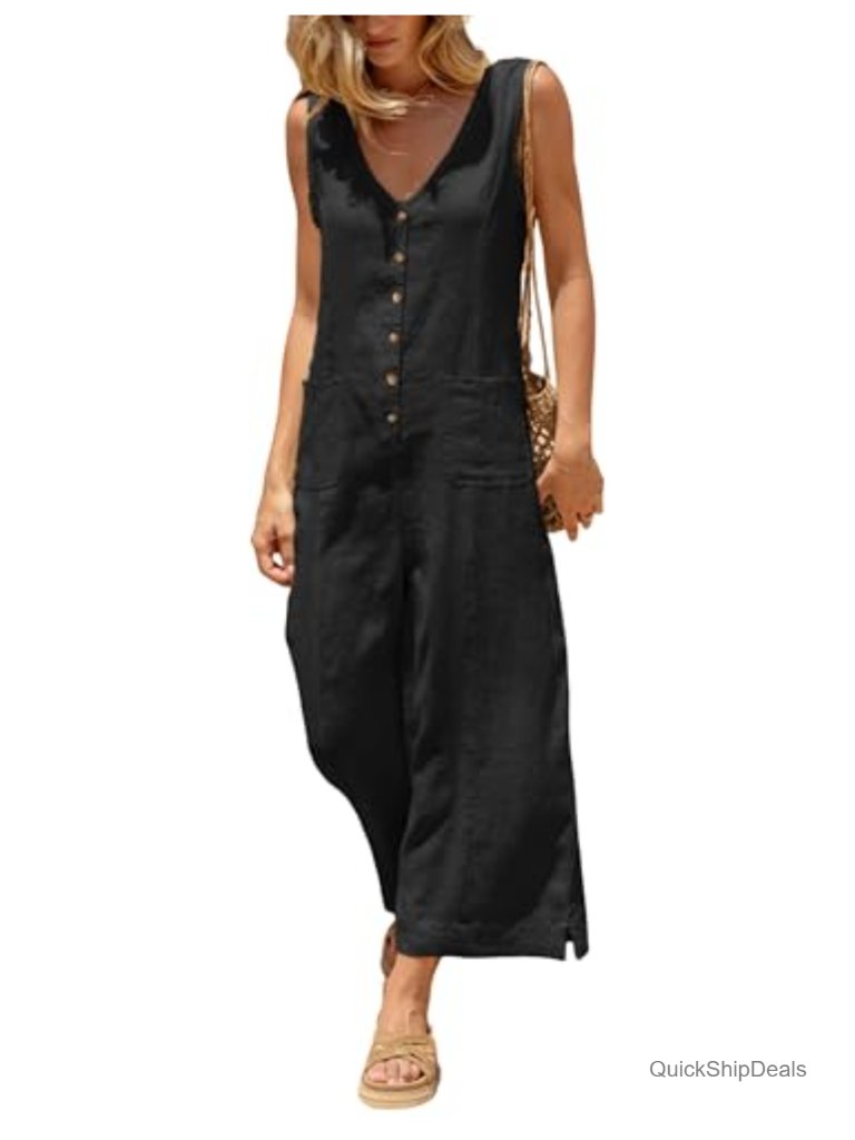 Cotton Linen V-Neck Button Down Jumpsuit With Pockets